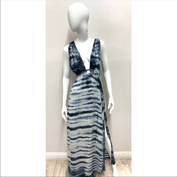 GYPSY05 NEW navy blue and white tie dye deep v maxi dress with leg slit,Gorgeous - Picture 6 of 9